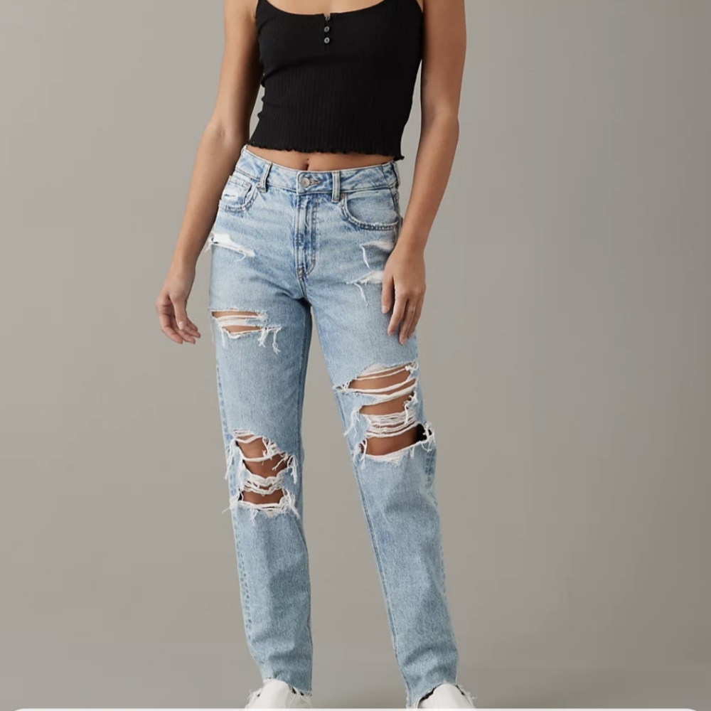 American eagle mom jeans destroyed with back of thigh slit